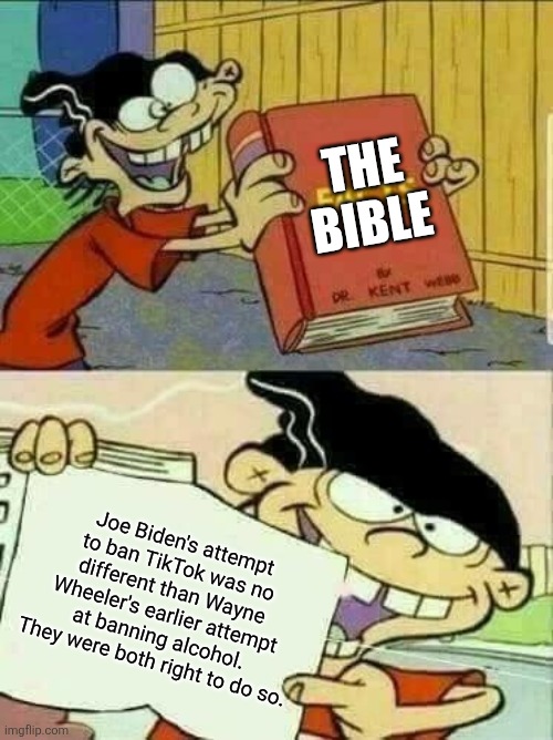 Made this out of mental frustration. Do your thing, Saturn. | The Bible; Joe Biden's attempt to ban TikTok was no different than Wayne Wheeler's earlier attempt at banning alcohol. They were both right to do so. | image tagged in double d facts book,new york knicks,taylor swift,travis kelce,mental health,raid shadow legends | made w/ Imgflip meme maker