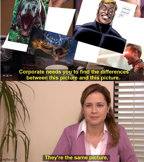 I can't be the only one who sees this, right? | image tagged in memes,they're the same picture,jurassic world,jurassic park,the boys,homelander | made w/ Imgflip meme maker
