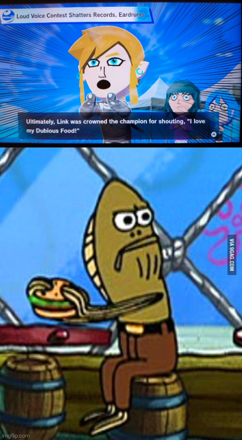 Now I see the reason Link can't talk or doesn't want to talk. He would say something weird. | image tagged in spongebob fish eating burger,tomodachi life,the legend of zelda breath of the wild | made w/ Imgflip meme maker