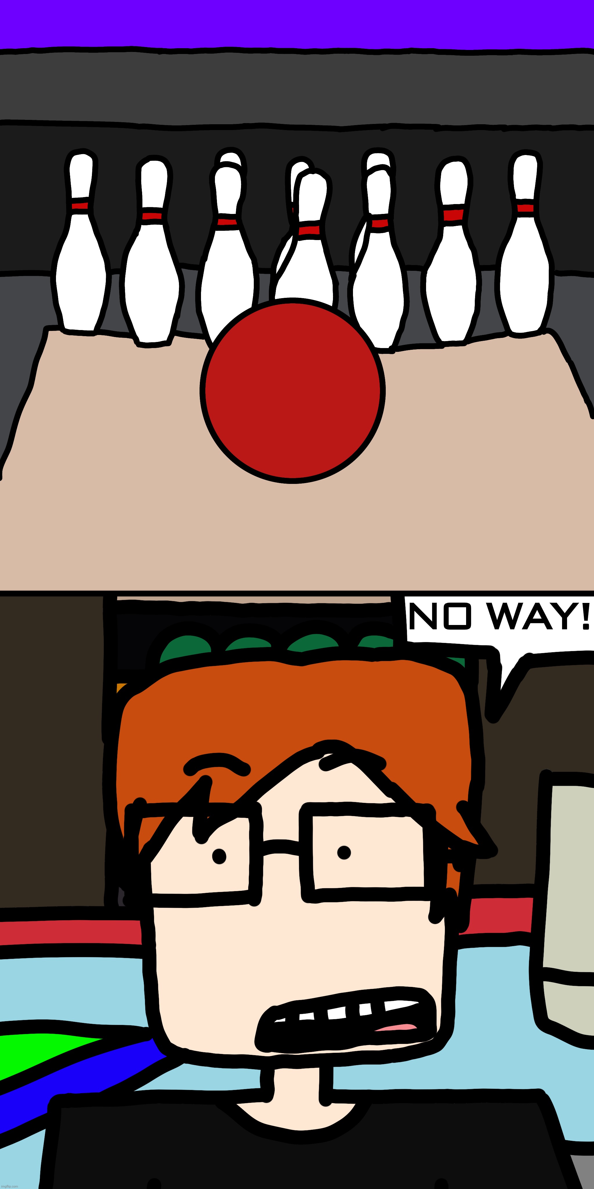 MC reacts to himself getting a bowling strike on June 19, 2026 (Bowling tournament with CC and William but MC won again) | NO WAY! | image tagged in mc,moscovio may,comics,bowling | made w/ Imgflip meme maker