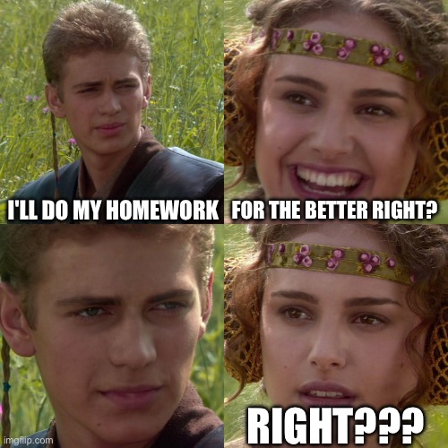 Anakin Padme 4 Panel | I'LL DO MY HOMEWORK; FOR THE BETTER RIGHT? RIGHT??? | image tagged in anakin padme 4 panel | made w/ Imgflip meme maker