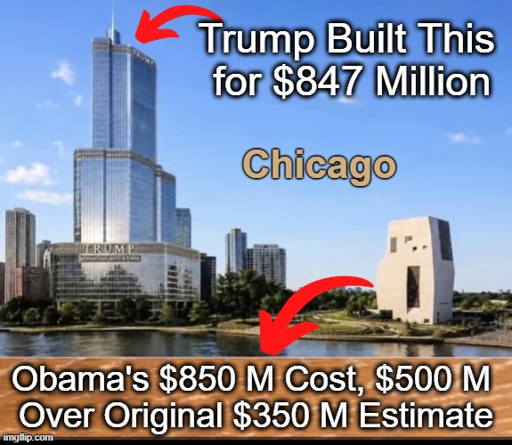 Once again, Obama Got Trumped! | Trump Built This 
for $847 Million; Chicago; Obama's $850 M Cost, $500 M 
Over Original $350 M Estimate | image tagged in donald trump,barack obama,library,ugly,embarrassing,waste of money | made w/ Imgflip meme maker