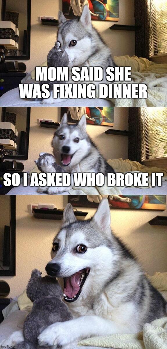Dinnerbroke | Mom said she was fixing dinner; so i asked who broke it | image tagged in memes,bad pun dog | made w/ Imgflip meme maker