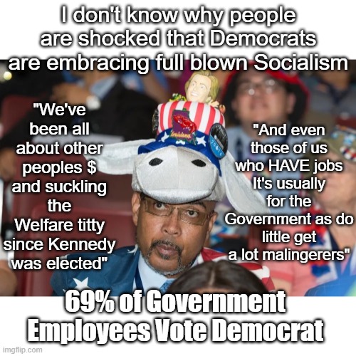 Just peek into any Post Office DMV or City Hall office | I don't know why people are shocked that Democrats are embracing full blown Socialism; "We've been all about other peoples $ and suckling the Welfare titty since Kennedy was elected"; "And even those of us who HAVE jobs It's usually for the Government as do little get a lot malingerers"; 69% of Government Employees Vote Democrat | image tagged in democrat socialists meme | made w/ Imgflip meme maker