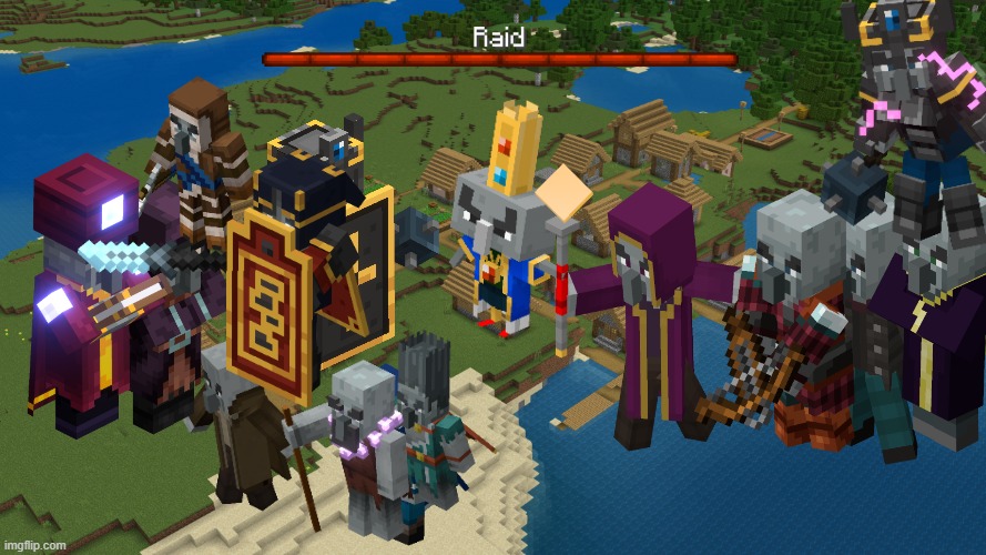 Every Minecraft Dungeons illager raiding a village | image tagged in minecraft village,remix | made w/ Imgflip meme maker