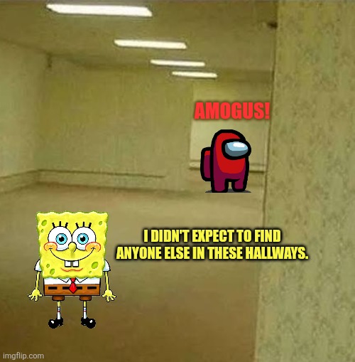 Amogus! I didn't expect to find anyone else in these hallways. | image tagged in memes,sus,backrooms | made w/ Imgflip meme maker