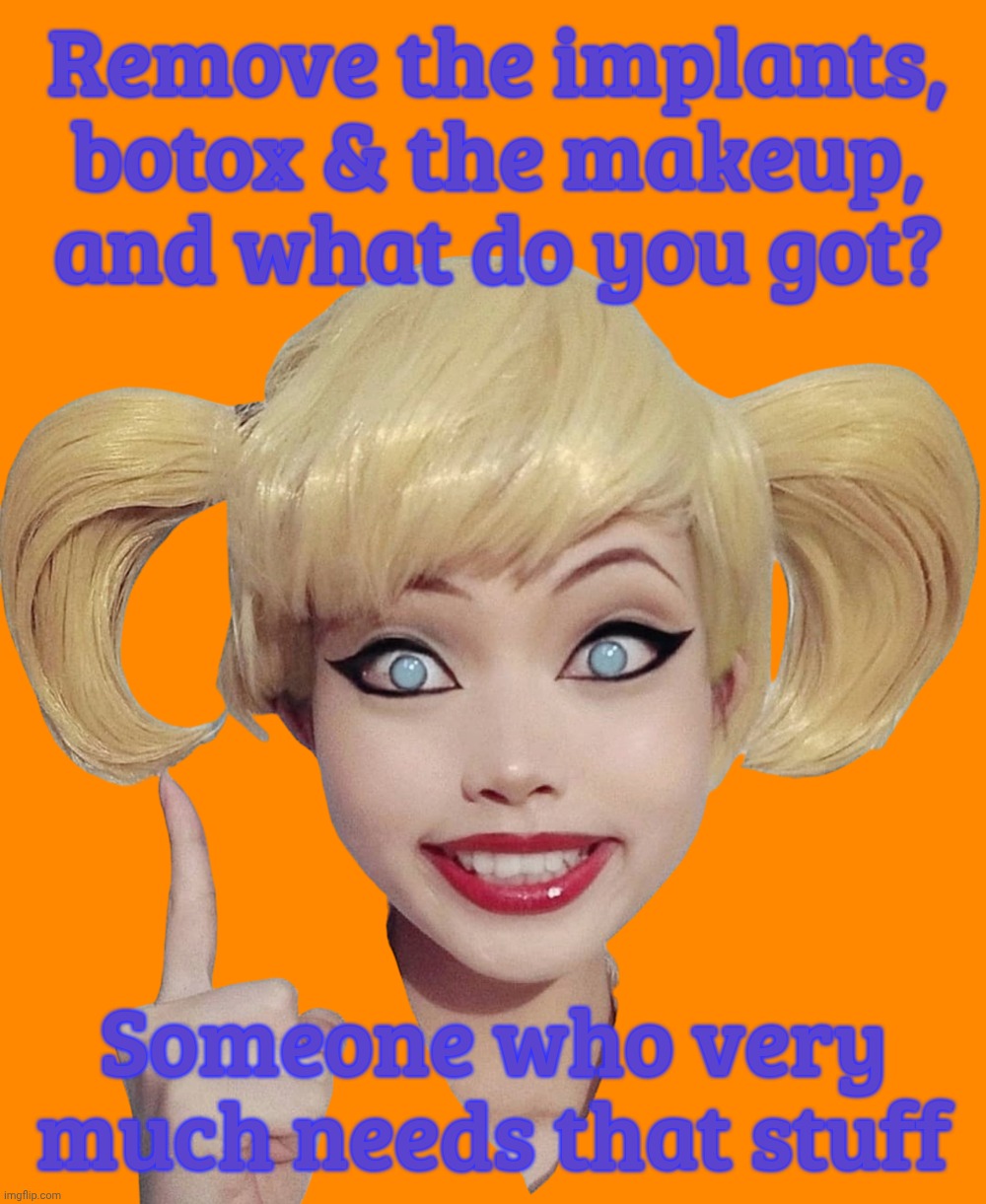 Harley Quinn | Remove the implants, botox & the makeup,
and what do you got? Someone who very much needs that stuff | image tagged in harley quinn | made w/ Imgflip meme maker