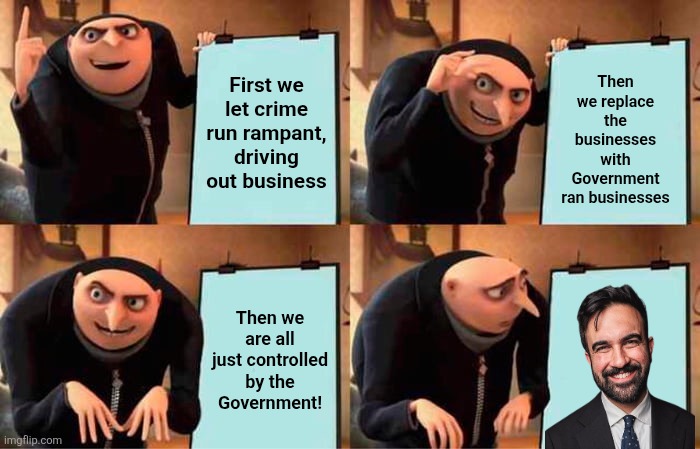You get what you vote for NYC | Then we replace the businesses with Government ran businesses; First we let crime run rampant, driving out business; Then we are all just controlled by the Government! | image tagged in memes,gru's plan | made w/ Imgflip meme maker