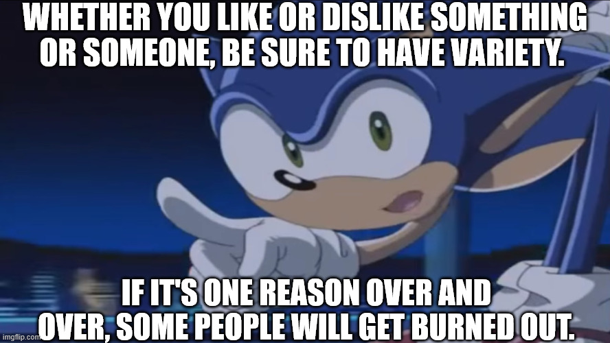 An Anti Burn-Out Post (Sonic Sez, Sonic X edition) | Whether you like or dislike something or someone, be sure to have variety. If it's one reason over and over, some people will get burned out. | image tagged in sonic sez,sonic x,burn out,burn out prevention,psa | made w/ Imgflip meme maker