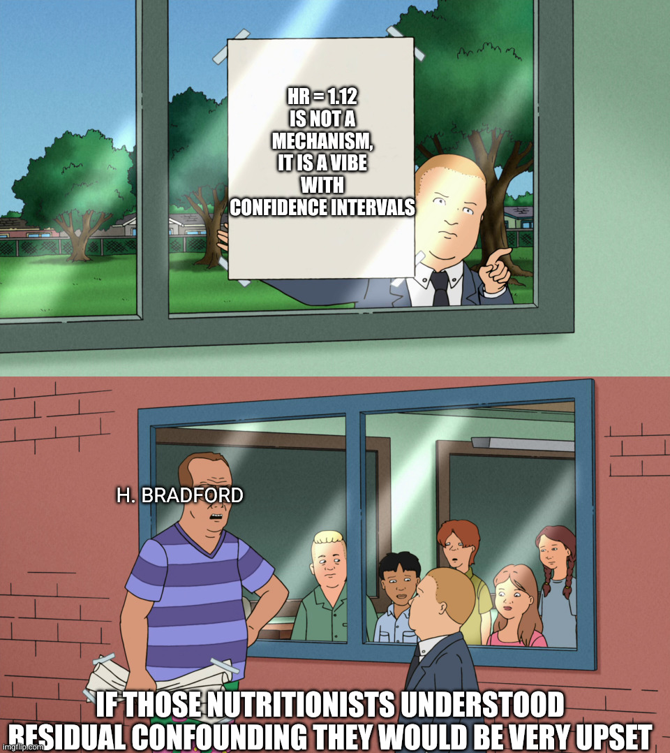 OP's image, but hand made, using the original "8f these kids could read" meme template. Panel 1: Bobby Hill has taped a piece of paper up to the outside of a window so it can be read from the inside. It reads: "HR = 1.12 is not a mechanism it is a vibewith confidence intervals". Panel 2: There's a group of kids behind the window looking out at Bobby and another character. I haven't watched King of the Hill, so I don't know the character's name but he's labelled, for the sake of the joke, as "H. Bradford". He's grabbed the piece of paper and is scolding Bobby: "If those nutritionists understood residual confounding they would be very upset".