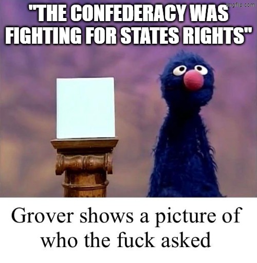 HighSchool DXD lasted longer than the CSA lost causers | "the confederacy was fighting for states rights" | image tagged in grover who asked,confederate,confederacy,sesame street,lost cause,highschool dxd | made w/ Imgflip meme maker