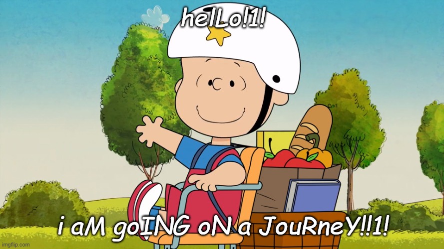 rerun is going on a journey on the back of his mother's bice!!! | helLo!1! i aM goING oN a JouRneY!!1! | image tagged in rerun van pelt | made w/ Imgflip meme maker