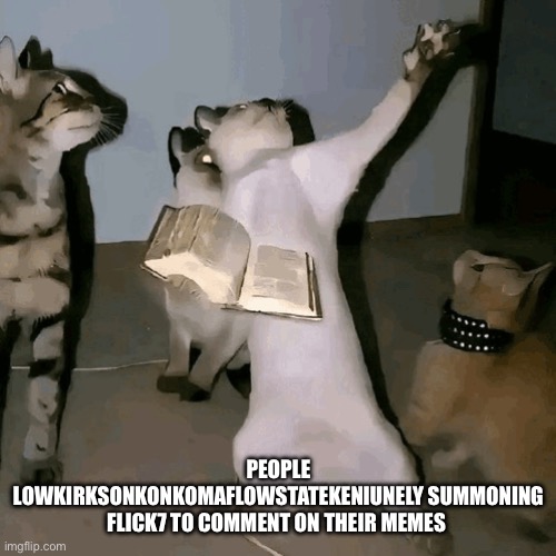 Watch now he’s gonna spawn in here too | People lowkirksonkonkomaflowstatekeniunely summoning flick7 to comment on their memes | image tagged in flick7 | made w/ Imgflip meme maker