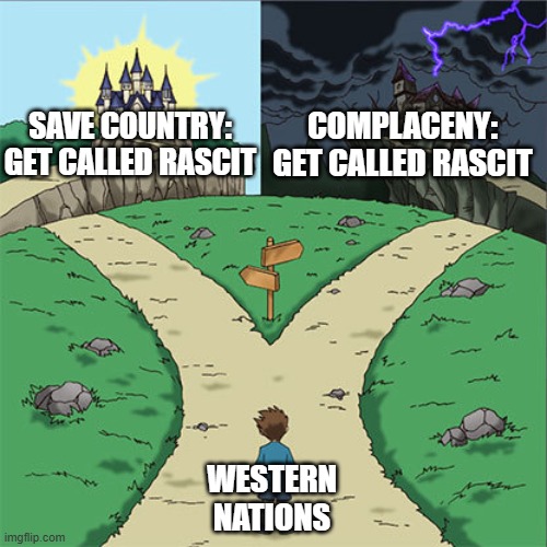 Exactly. | COMPLACENY:
GET CALLED RASCIT; SAVE COUNTRY:
GET CALLED RASCIT; Western nations | image tagged in two paths,memes,funny,country,politics,political meme | made w/ Imgflip meme maker