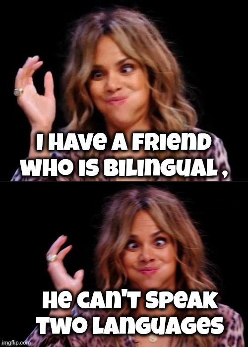 I have a friend who is bilingual , he can't speak two languages | image tagged in lovely halle berry | made w/ Imgflip meme maker