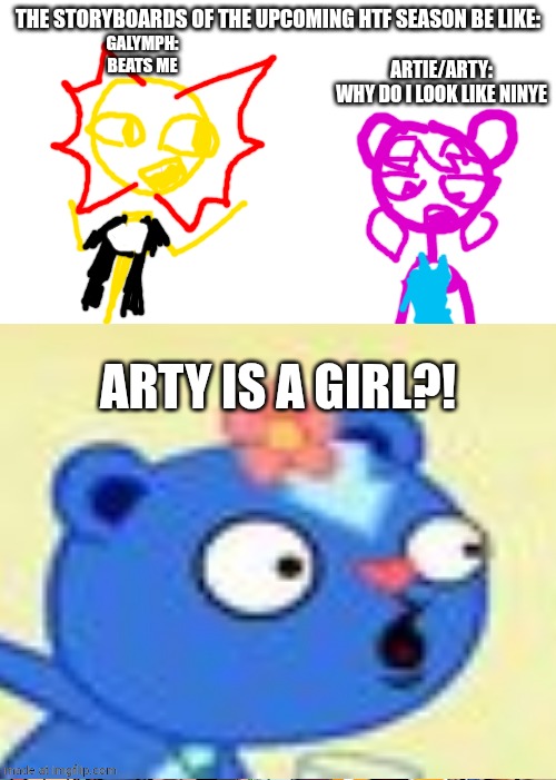 ARTY IS NOW NINYE | THE STORYBOARDS OF THE UPCOMING HTF SEASON BE LIKE:; Galymph:
BEATS ME; Artie/arty:
WHY DO I LOOK LIKE NINYE; ARTY IS A GIRL?! | image tagged in not again | made w/ Imgflip meme maker