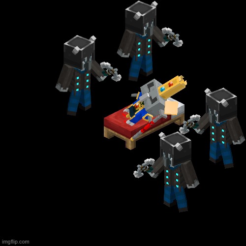 The Arch Illager has to have 4 (four) tier 3 (three) vindicators guard his bed so he can sleep | image tagged in memes,blank transparent square | made w/ Imgflip meme maker