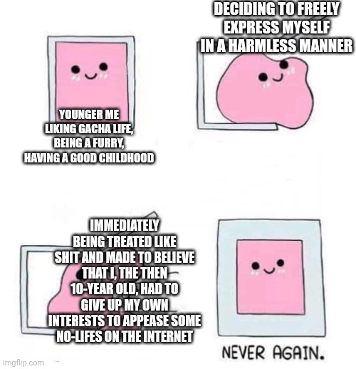 Remember, "it's harmless" is always a good defense, if you're not hurting others or yourself, you don't deserve to be hurt | Deciding to freely express myself in a harmless manner; Younger me liking Gacha Life, being a furry, having a good childhood; Immediately being treated like shit and made to believe that I, the then 10-year old, had to give up my own interests to appease some no-lifes on the internet | image tagged in never again,furry,furries,anti furry,trauma,furry memes | made w/ Imgflip meme maker