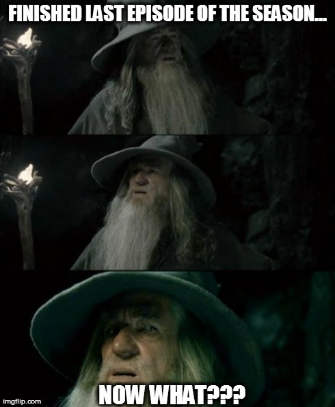 Confused Gandalf | FINISHED LAST EPISODE OF THE SEASON... NOW WHAT??? | image tagged in memes,confused gandalf | made w/ Imgflip meme maker