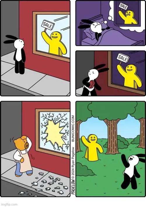 Buni Comics | image tagged in comics,buni comics,cardboard cutout man,break out,freedom,storefront | made w/ Imgflip meme maker