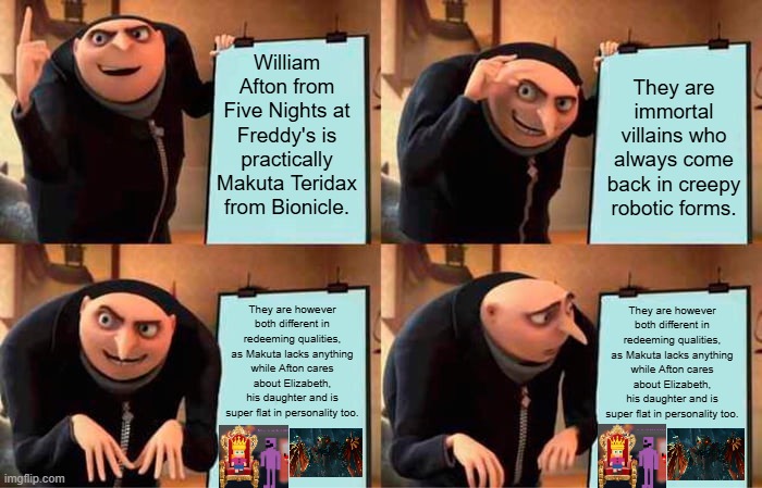 Gru's Plan Meme | William Afton from Five Nights at Freddy's is practically Makuta Teridax from Bionicle. They are immortal villains who always come back in creepy robotic forms. They are however both different in redeeming qualities, as Makuta lacks anything while Afton cares about Elizabeth, his daughter and is super flat in personality too. They are however both different in redeeming qualities, as Makuta lacks anything while Afton cares about Elizabeth, his daughter and is super flat in personality too. | image tagged in memes,gru's plan | made w/ Imgflip meme maker