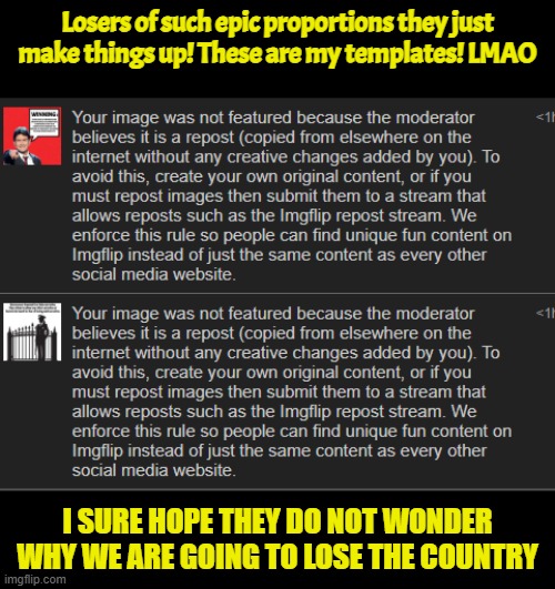 Why we are going to lose this country! | Losers of such epic proportions they just make things up! These are my templates! LMAO; I sure hope they do not wonder why we are going to lose the country | made w/ Imgflip meme maker