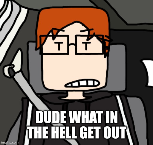 MC in the car | DUDE WHAT IN THE HELL GET OUT | image tagged in mc in the car | made w/ Imgflip meme maker