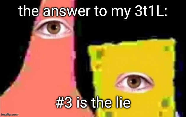 the answer to my 3t1L:; #3 is the lie | image tagged in undefined | made w/ Imgflip meme maker