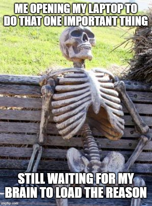 Waiting Skeleton Meme | me opening my laptop to do that one important thing; still waiting for my brain to load the reason | image tagged in memes,waiting skeleton | made w/ Imgflip meme maker
