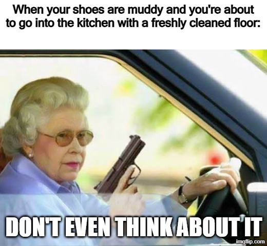 Old Lady With Gun | When your shoes are muddy and you're about to go into the kitchen with a freshly cleaned floor: don't even think about it | image tagged in old lady with gun | made w/ Imgflip meme maker
