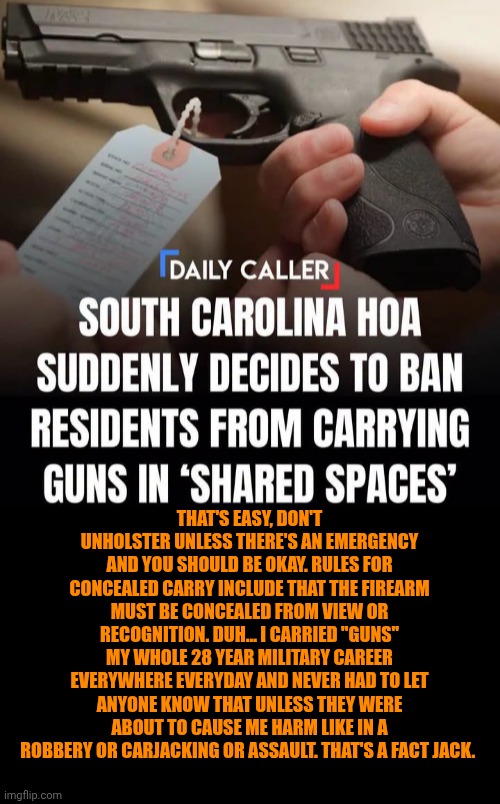 Funny | That's easy, don't unholster unless there's an emergency and you should be okay. Rules for concealed carry include that the firearm must be CONCEALED from view or recognition. Duh... I carried "guns" my whole 28 year military career everywhere everyday and never had to let anyone know that unless they were about to cause me harm like in a robbery or carjacking or assault. That's a fact jack. | image tagged in funny,politics,guns,military,home,rules | made w/ Imgflip meme maker