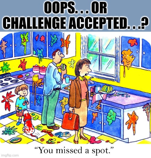 Dirty kitchen | Oops. . . Or challenge accepted. . .? | image tagged in dirty kitchen | made w/ Imgflip meme maker