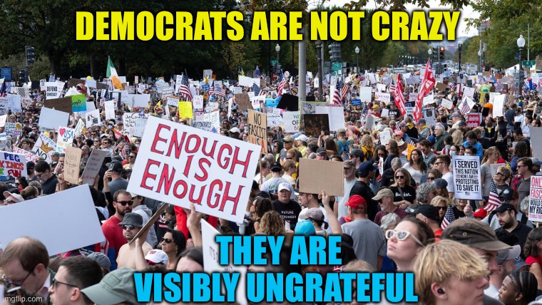 Democrats: Unhappy and Ungrateful | Democrats are not crazy; They are visibly ungrateful | image tagged in gifs,democrats,democratic socialism,unhappy,selfish | made w/ Imgflip meme maker