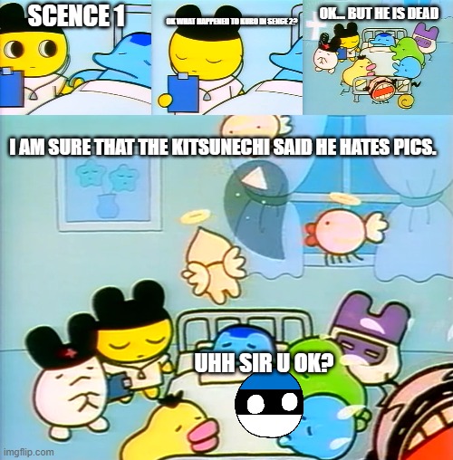 only to guess | ok what happened to kuro in sence 2? Scence 1; ok... but he is dead; I am sure that the kitsunechi said he hates pics. uhh sir u ok? | image tagged in buttamagetenshitchi3_drmametchi webp | made w/ Imgflip meme maker