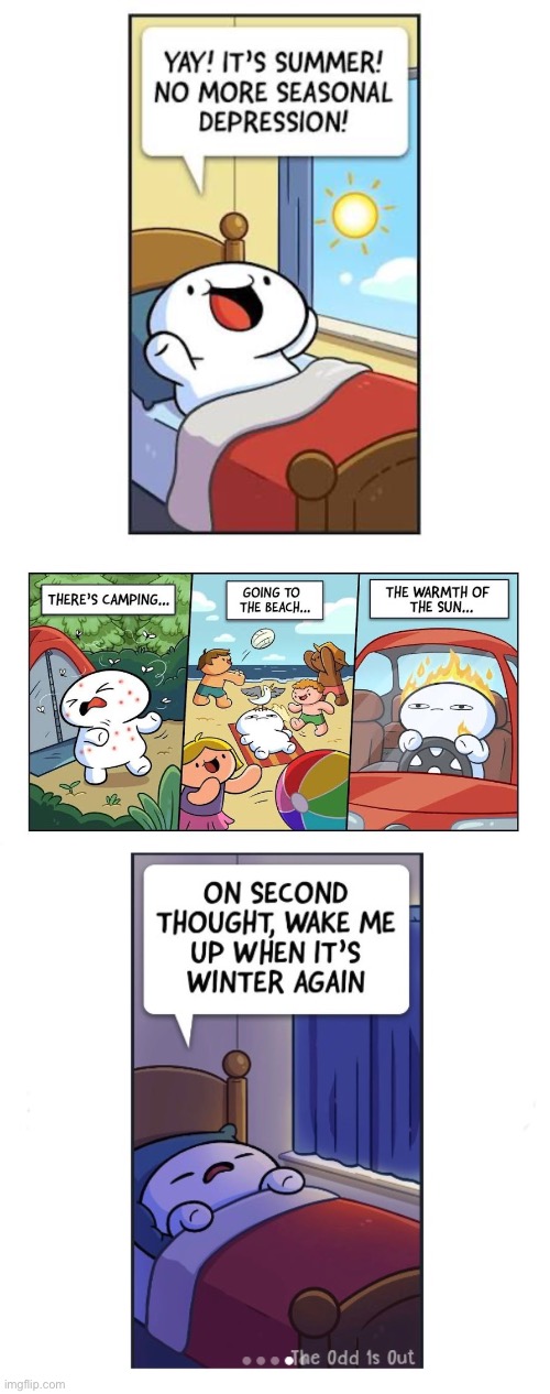 The Odd 1s Out - First day of Summer! | image tagged in comics,the odd 1s out,first day of summer,looking forward,on second thought,wake me when its winter | made w/ Imgflip meme maker