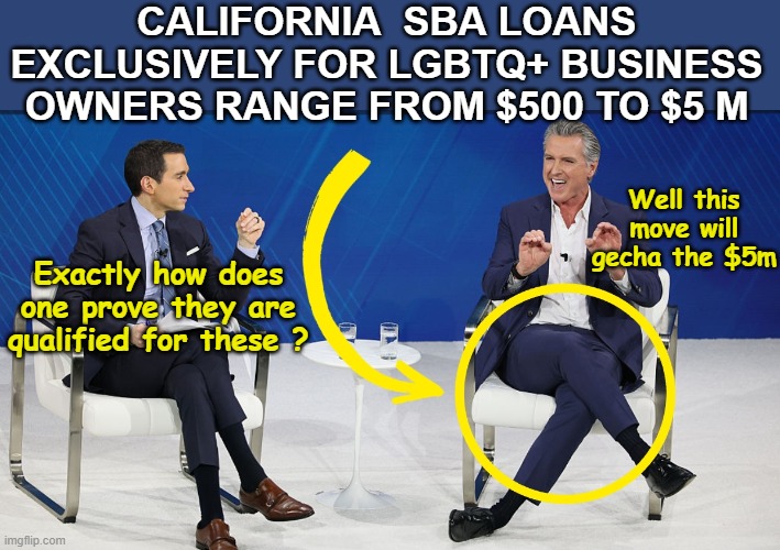 Rumored Tim Walz volunteered to perform Vetting | California  SBA loans exclusively for LGBTQ+ business owners range from $500 to $5 M; Well this move will gecha the $5m; Exactly how does one prove they are qualified for these ? | image tagged in ca lgbtq loans crazy legs newsom meme | made w/ Imgflip meme maker