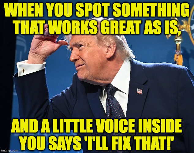 Destroyer. | when you spot something that works great as is, and a little voice inside you says 'i'll fix that!' | image tagged in memes,trump,destroyer | made w/ Imgflip meme maker