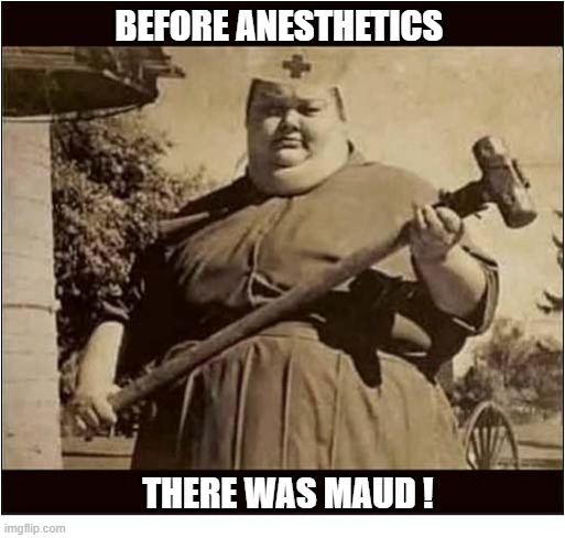 Different Times | Before Anesthetics; There Was Maud ! | image tagged in different times,anesthetics,sledge hammer | made w/ Imgflip meme maker