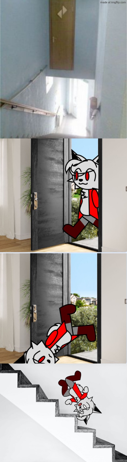 RIP when you fall down the stairs | image tagged in dumb ways to die,door,stairs,furry,you had one job,falling down | made w/ Imgflip meme maker