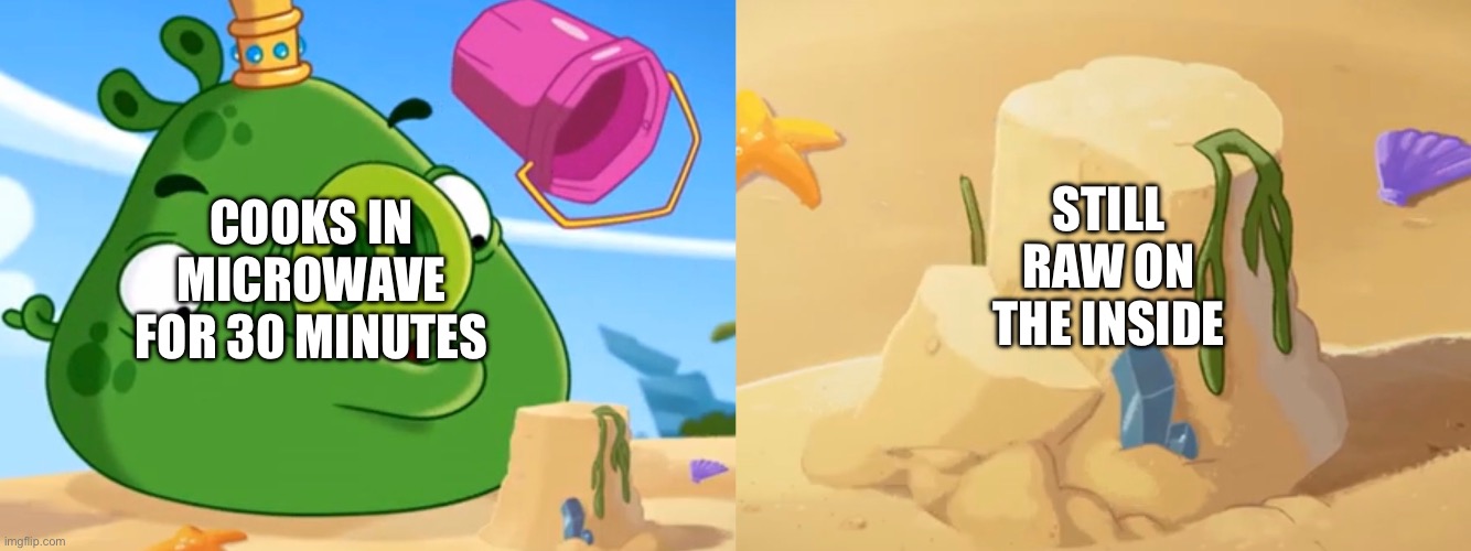Microwaves | STILL RAW ON THE INSIDE; COOKS IN MICROWAVE FOR 30 MINUTES | image tagged in king pig sandcastle,microwave,food,cooking,raw | made w/ Imgflip meme maker