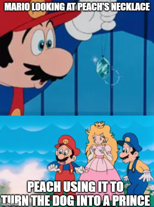mario looking at peach's necklace; peach using it to turn the dog into a prince | image tagged in mario looking at peach's necklace | made w/ Imgflip meme maker