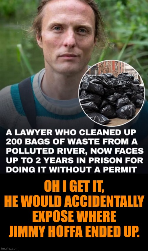 Funny | Oh I get it, he would accidentally expose where Jimmy Hoffa ended up. | image tagged in funny,politics,well well well then lets find out,government,prison,lawyer | made w/ Imgflip meme maker