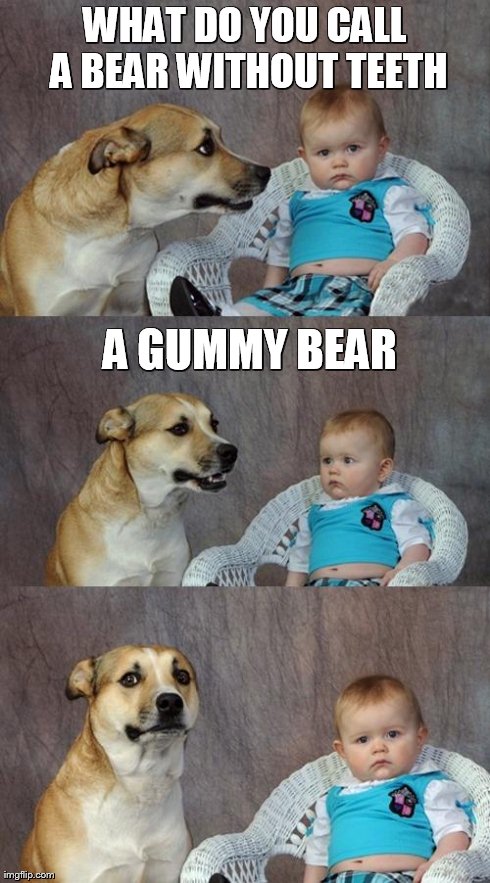 Dad Joke Dog | WHAT DO YOU CALL A BEAR WITHOUT TEETH A GUMMY BEAR | image tagged in memes,dad joke dog | made w/ Imgflip meme maker