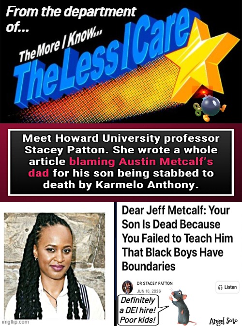 From the department of the more I know | From the department 
of... Definitely
a DEI hire!
Poor kids! Angel Soto | image tagged in the more i know the less i care jpg,the more you know,austin metcalf,dei,karmelo anthony,patton | made w/ Imgflip meme maker