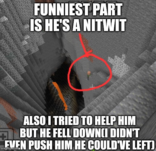 Dumbest mob I know | Funniest part is he's a nitwit; Also I tried to help him but he fell down(I didn't even push him he could've left) | image tagged in minecraft,minecraft villagers,villager | made w/ Imgflip meme maker