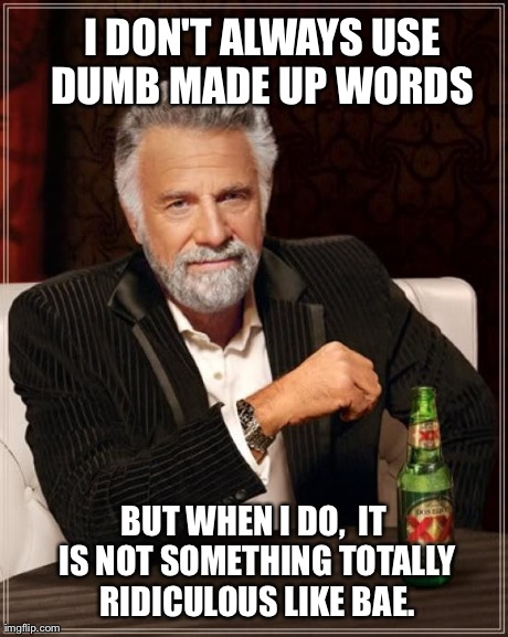 The Most Interesting Man In The World | I DON'T ALWAYS USE DUMB MADE UP WORDS  BUT WHEN I DO,  IT IS NOT SOMETHING TOTALLY RIDICULOUS LIKE BAE. | image tagged in memes,the most interesting man in the world | made w/ Imgflip meme maker