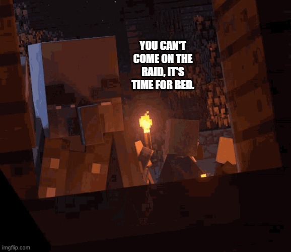 Minecraft Dungeons Vindicator | you can't come on the raid, it's time for bed. | image tagged in minecraft dungeons vindicator | made w/ Imgflip meme maker