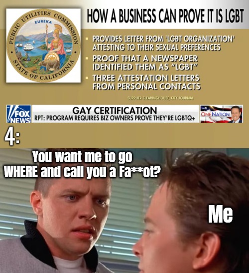 You want me to go WHERE and call you a Fa**ot? Me | image tagged in identity politics,california,woke,politics,funny | made w/ Imgflip meme maker