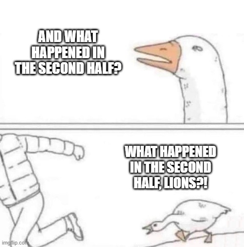 Goose Chase | And what happened in the second half? What happened in the second half, Lions?! | image tagged in goose chase | made w/ Imgflip meme maker