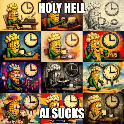 holy hell; ai sucks | image tagged in popcorn corn cob doing shit at 3 00 | made w/ Imgflip meme maker